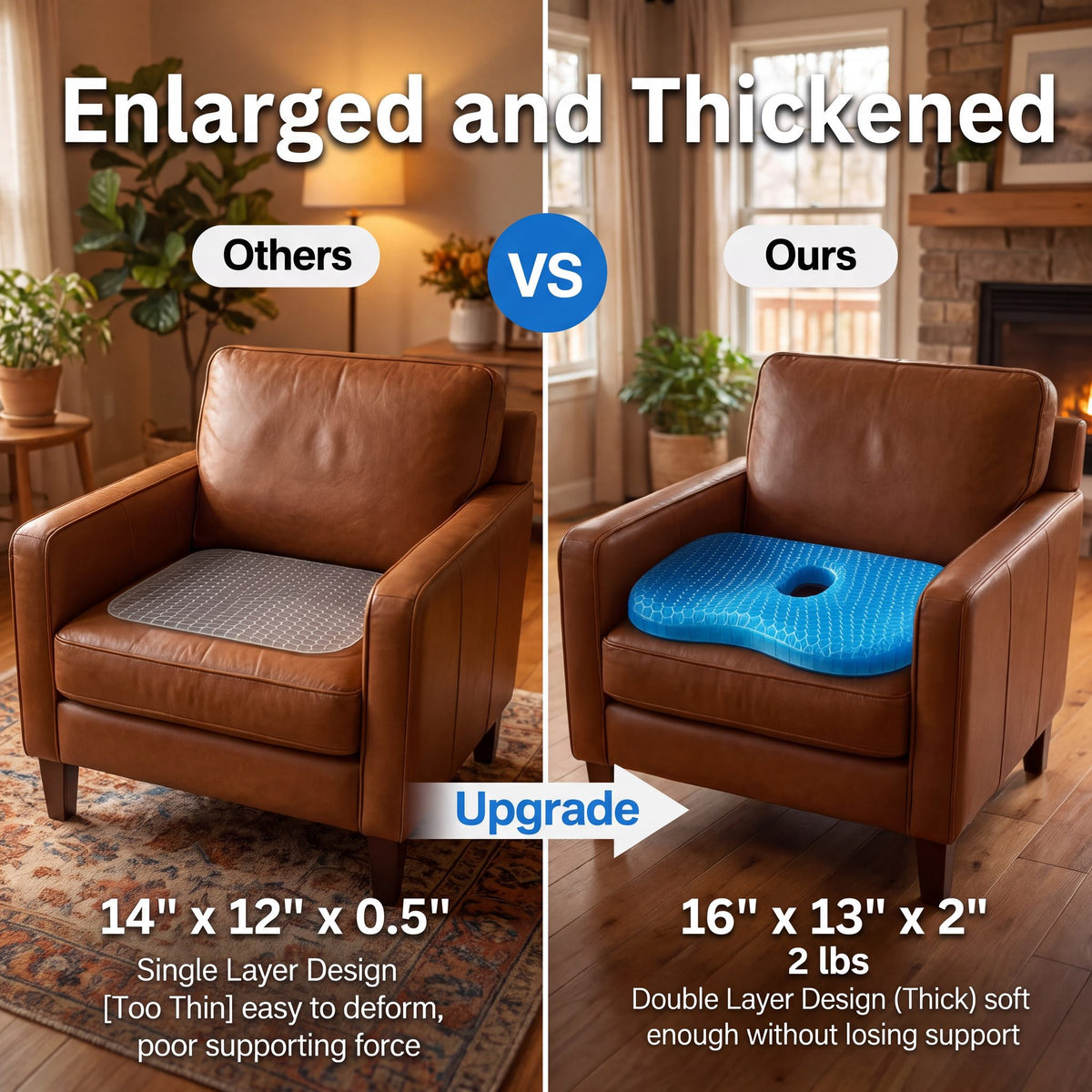 Others vs Haven Seat: 14 x 12 x 0.5 in single layer vs 16 x 13 x 2 in double layer