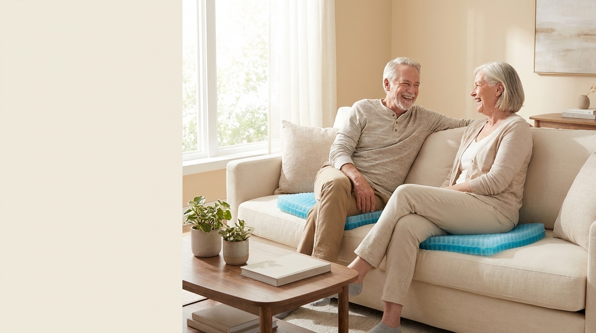Couple relaxing on a sofa with Haven Seat gel cushions