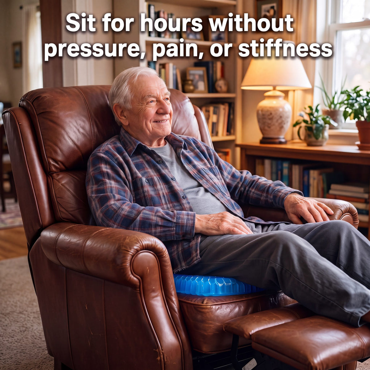 Man relaxing in a leather recliner on the Haven Seat gel cushion