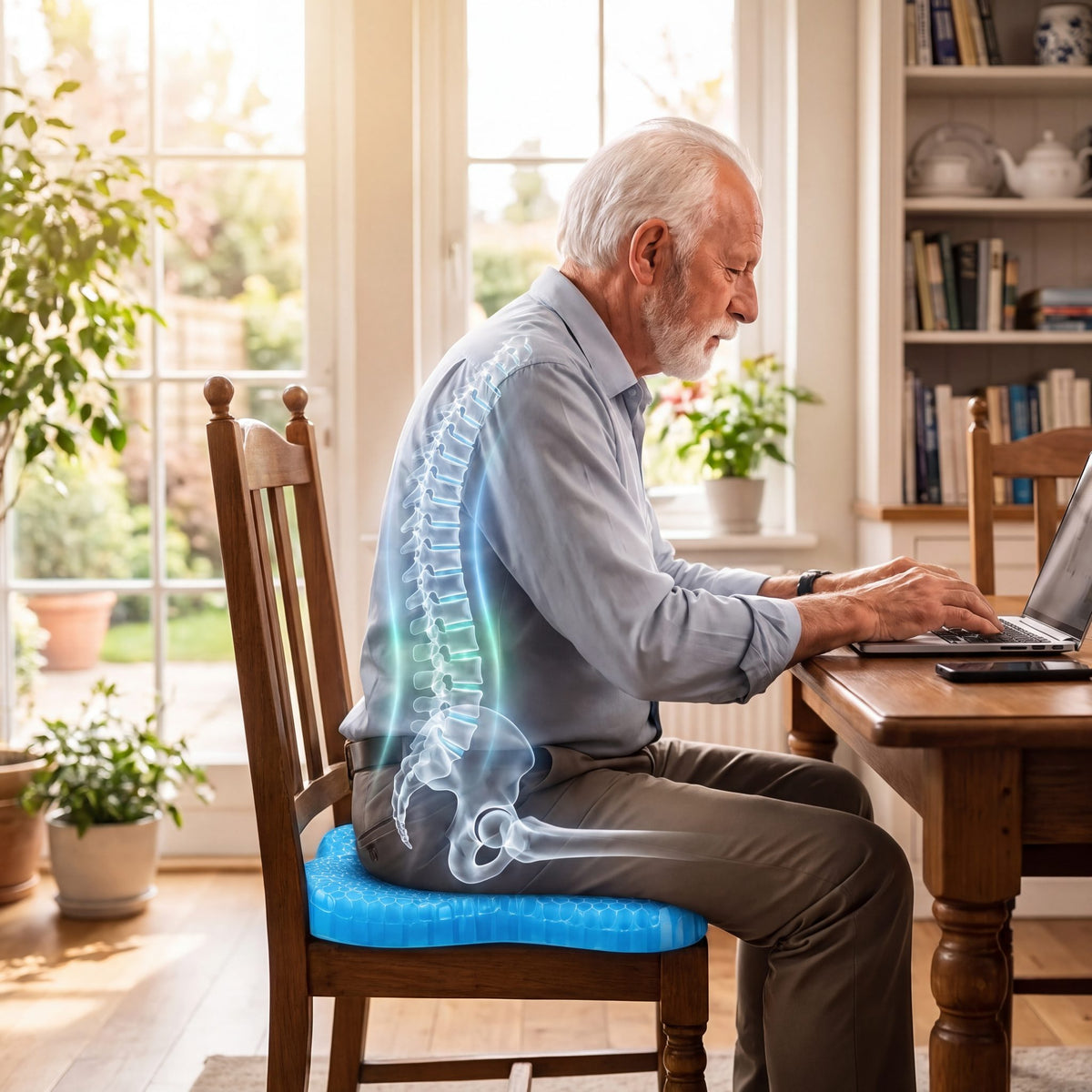 Haven Seat gel cushion supporting upright posture on a dining chair at a desk