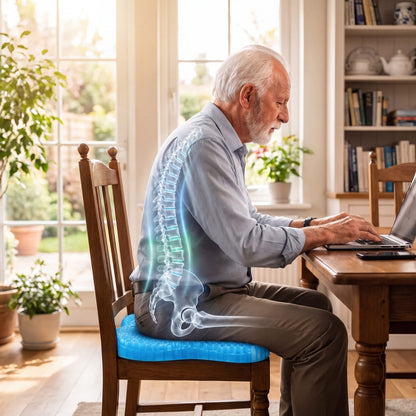 Haven Seat gel cushion supporting upright posture on a dining chair at a desk